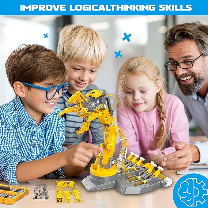 SMIESSKIDDO 3 in 1 Hydraulic Robot Arm - 220 Pcs STEM Building Toys with 4-Jaw Grab, Suction & Tongs for Kids 8-12 | No Batteries Needed Engineering Gift for Boys & Girls Ages 9 10 11 - Yellow
