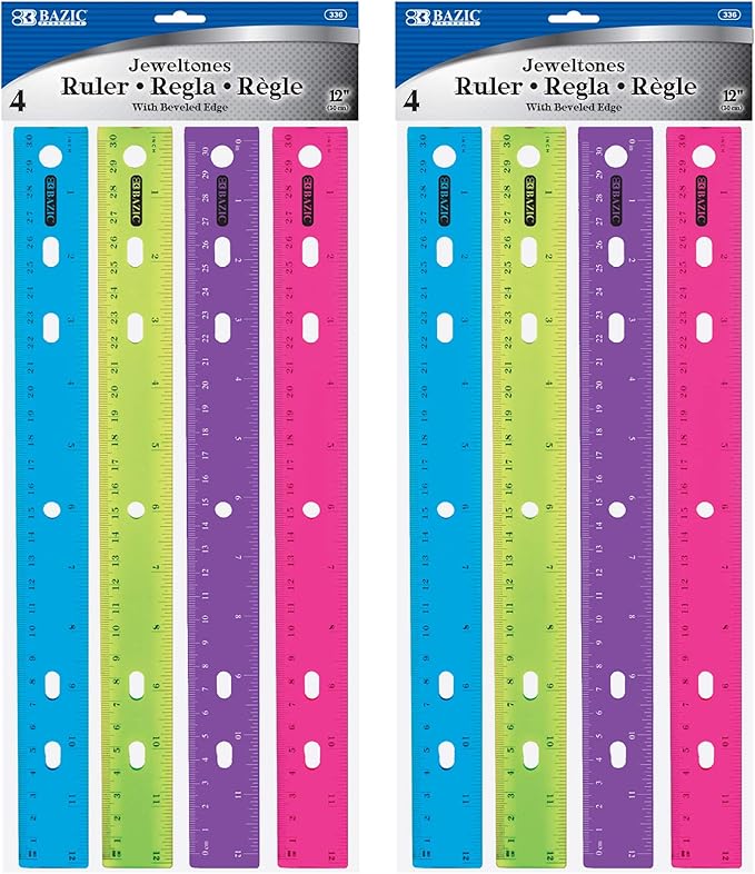 BAZIC Products Jeweltones Ruler, 12", 4-Pack