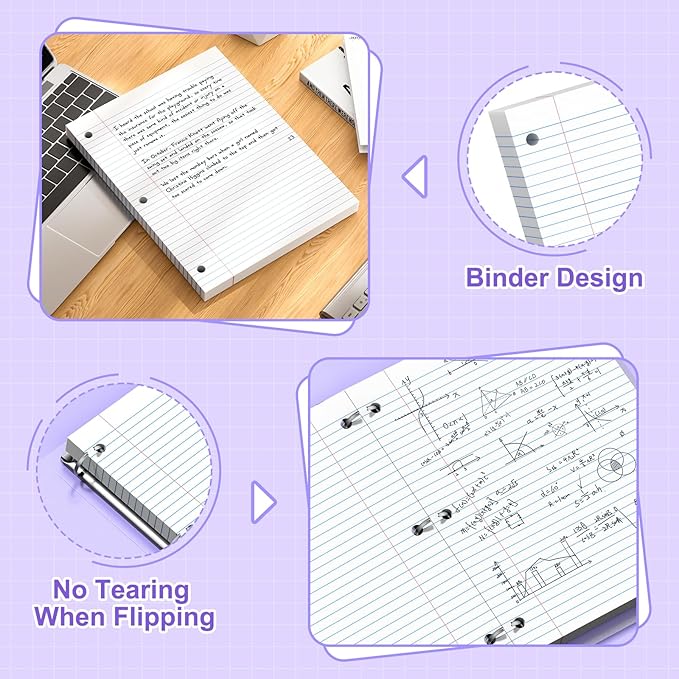 Loose Leaf Paper, 8.5x11 Wide Ruled, Notebook Paper for 3 Ring Binders, White Binder Notebook, 3 Hole Punch Paper, 100 Sheets/pack, 2 Pack