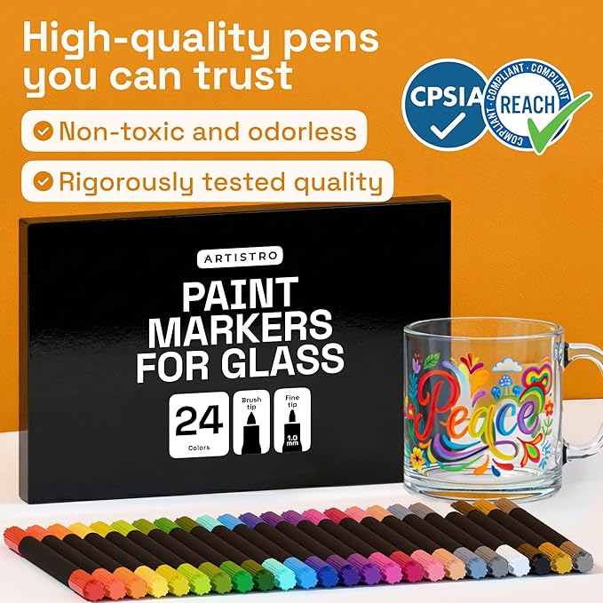 ARTISTRO 24 Glass Acrylic Paint Markers - Erasable Wine Glass Markers - Paint Pens for Windows, Mirrors, Ceramic and Mugs with Brush + Fine Dual-Tip Combo