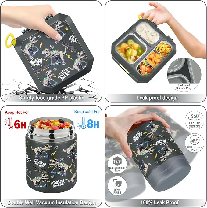 wiwens Bento Lunch Box for Kids with 12oz Soup Thermo Leak-Proof Lunch Food Container with 5 Compartment Thermo Hot Food Jar and Insulated Lunch Bag for Kid Toddler Girls Boys to School
