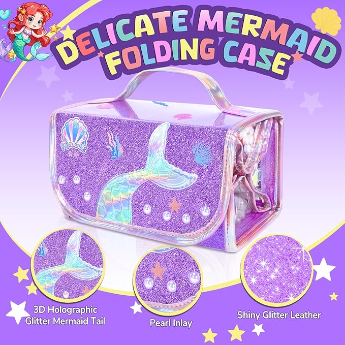 Mermaid Arts and Crafts for Girls Ages 4-5-6-7-8, 70 PCS Art Supplies Set with Bonus Mermaid Hairpin, 3D Glitter Case, Washable Dual Tip Markers, Scented Gel Pens & Twist-up Crayons, Birthday Gift