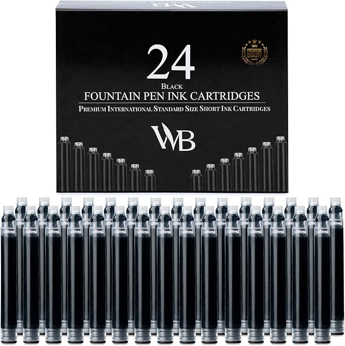 Wordsworth & Black 24 Pack Fountain Pen Ink Refills - Set of 24 Black Ink Cartridges - International Standard Size - Length APPR 2.3" - Base Diameter APPR 0.24" - Disposable and Generic