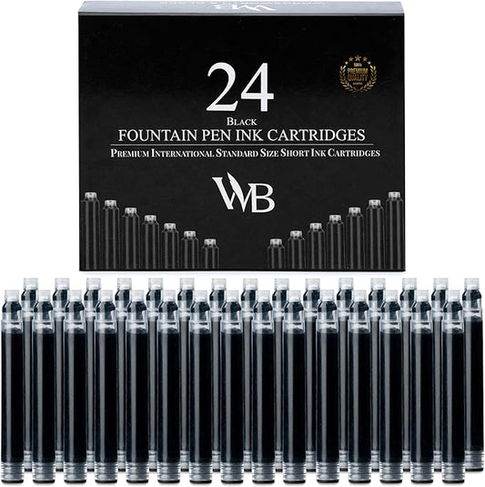 Wordsworth & Black 24 Pack Fountain Pen Ink Refills - Set of 24 Black Ink Cartridges - International Standard Size - Length APPR 2.3" - Base Diameter APPR 0.24" - Disposable and Generic