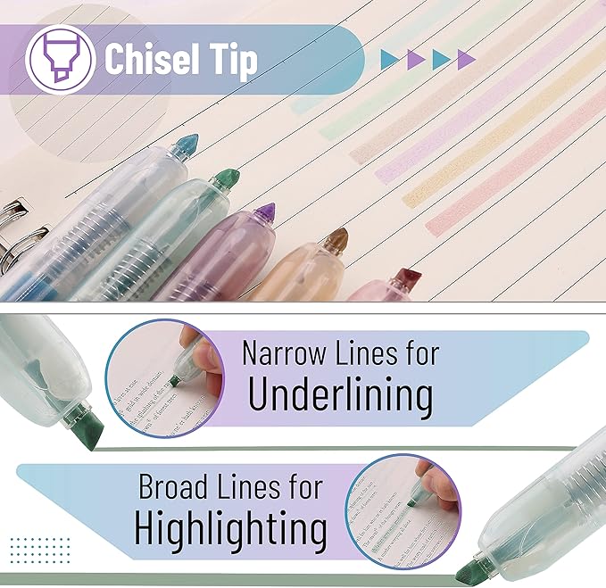 Mr. Pen- Retractable Highlighters, 6 Pack, Muted Pastel Colors, Chisel Tip Highlighter Marker Set, Click Highlighter Markers for Classroom, Journaling, Study Supplies, No Bleed On Standard Pages