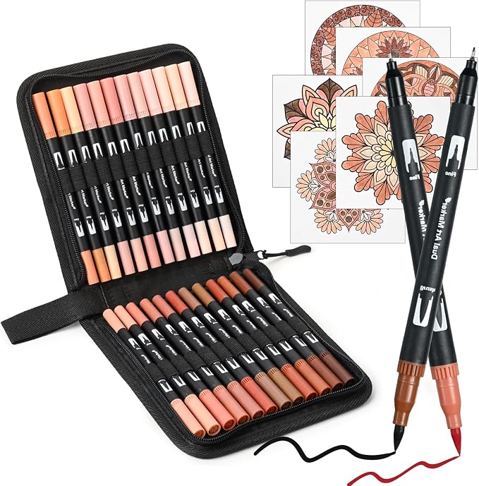 Skin Tone Dual Tip Brush Pen,Colored Fine & Brush Calligraphy Pens, Dual Tip Brown Markers for Adult Coloring Books Drawing Planner Calendar Art Sketch Outlining Sketching Calligraphy