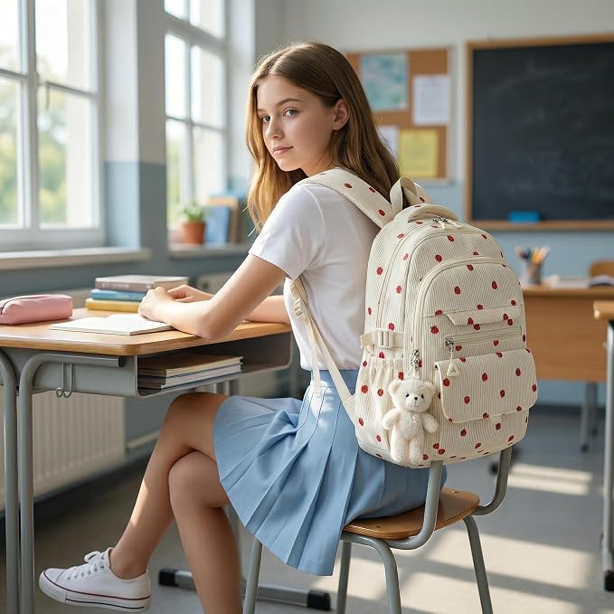 PRLINJSK Girls Backpack for College High Middle School Student, Cute Aesthetic Bookbag for Teens Women with Accessories, Beige Strawberry
