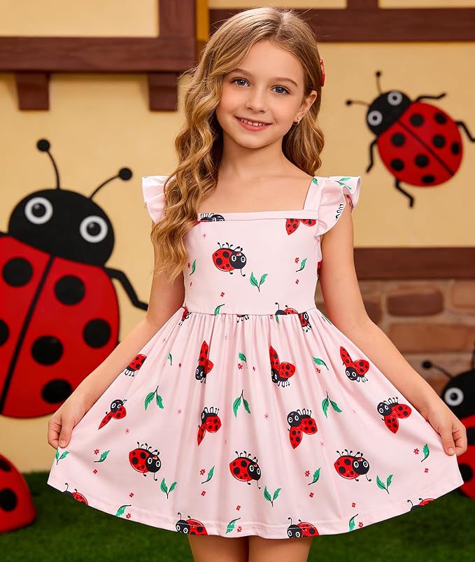 Popshion Girls Dresses Flutter Sleeve Swing Sundress Toddler Summer Clothes Kid Birthday Party Sleeveless Dress 1-8 Years Old