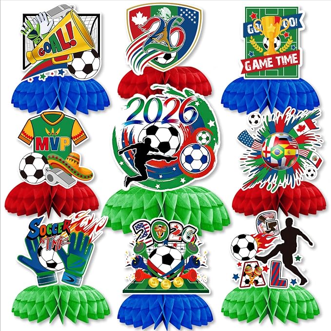 Soccer Table Decorations, 9PCS Soccer Centerpieces for Table, Green Red Blue Honeycomb Centerpieces, 3D Sports Themed Party Decorations for Game Day, Birthday & Sports Watch Party Supplies