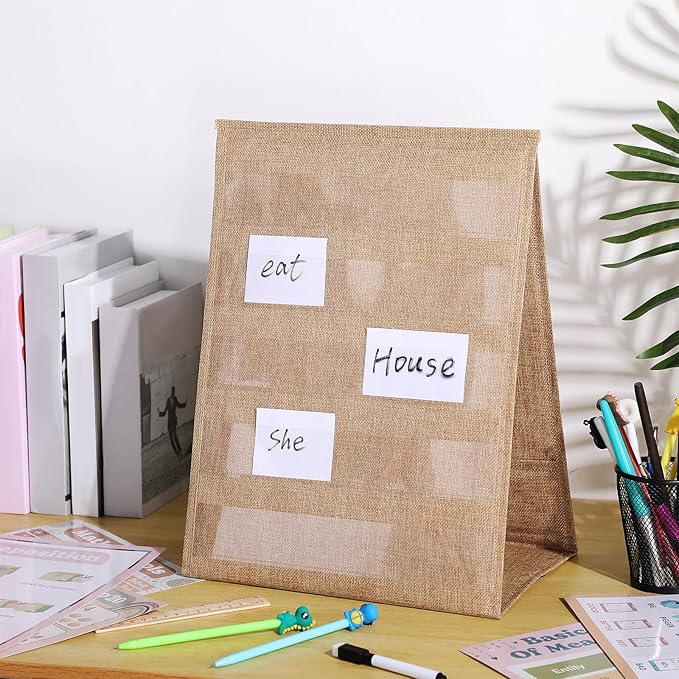 Motipuns 1 Pack Burlap Pocket Chart for Classroom, 17 x 13 Inches Farmhouse Desktop Pocket Chart Double Sided Tabletop Stand Decor for Teacher Homeschoolers Aids in Teaching
