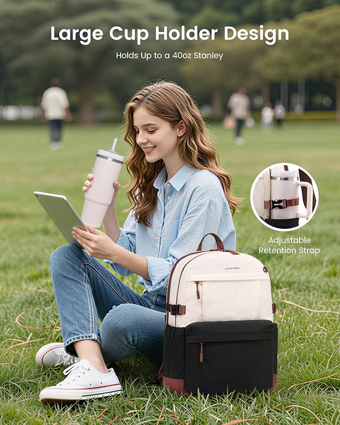 LOVEVOOK Laptop Backpack for Women with Giant Tumbler Holder,15.6 Inch Laptop Computer Bag Travel Backpack Purse,Waterproof Work Business Backpack College Bookbag Teacher Bags,Beige-Black-Brown