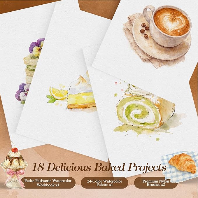 Watercolor Workbook for Beginners,18 Petite Patisserie Baking Water Coloring Book,Relaxing & Easy to Paint Water Coloring Book with 24 Colors-Perfect for Gifting to Creativity & Joy for Adults