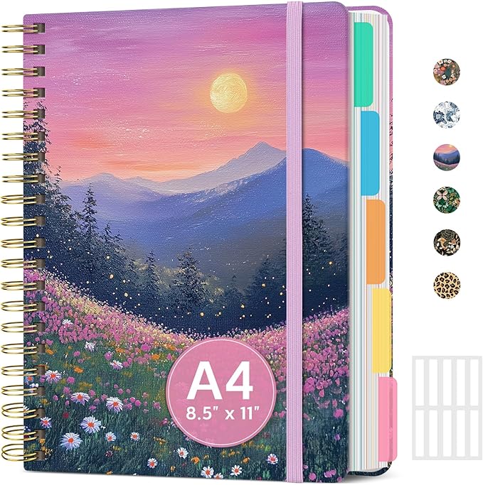 Large Spiral Notebook with Dividers & Tabs, 8.5" x 11" Hardcover 5 Subject Notebook for Work, 280 Pages, College Ruled, Cute Journal for Women, Perfect for Study & Office Note Taking, Twilight Bloom