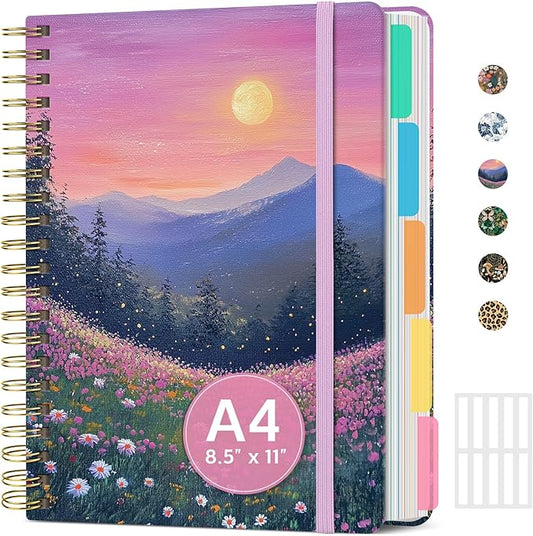 Large Spiral Notebook with Dividers & Tabs, 8.5" x 11" Hardcover 5 Subject Notebook for Work, 280 Pages, College Ruled, Cute Journal for Women, Perfect for Study & Office Note Taking, Twilight Bloom