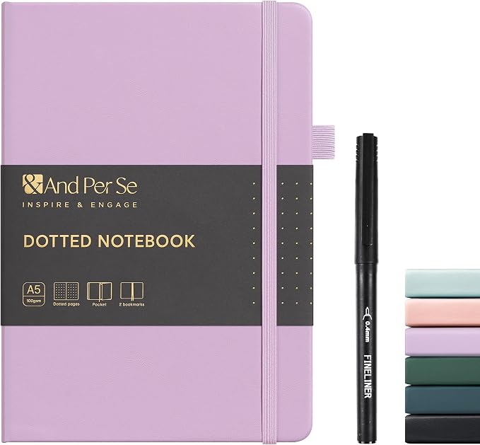 &And Per Se Dotted Journal Notebook, A5 Hardcover Dotted Notebook, 160 Pages 100GSM Thick Paper Dot Grid Journal with Fineliner Pen (Purple)