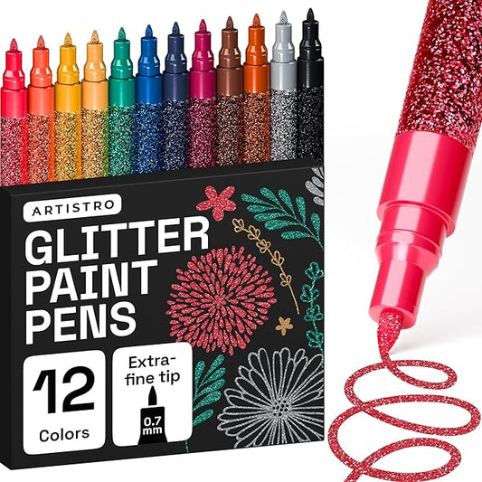 ARTISTRO 12 Glitter Paint Pens for Glass Marking, Rock Painting, Ceramic, Wood, Fabric, Scrapbooking, DIY Craft Making, Coloring - Acrylic Paint Markers Extra-Fine Tip 0.7mm