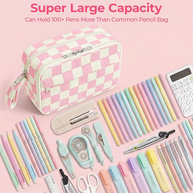 Large Pencil Pouch for Girls,Cute Corduroy Pencil Case Pouch Aesthetic Soft Pencil Bag for School, Zippered Pencil Organizer School Supplies for Teen Girls Women Gift (Pink Check)