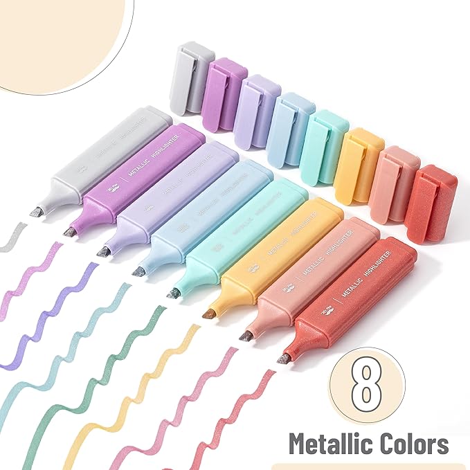 Mr. Pen- Glitter Highlighters, 8 Pack, Metallic Colors, Chisel Tip Highlighter Markers with Shimmer Finish, Smooth Writing Ink for Journaling, Note-Taking, Planning, School, Office & Creative Use