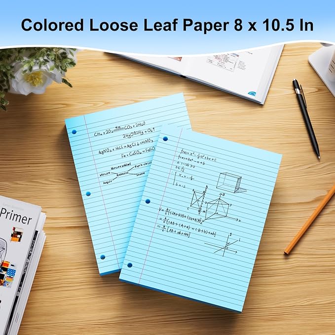 Blue Loose Leaf Paper 100 Sheets 8" x 10.5" Filler Paper, College Ruled 3-Hole Punched, Notebook Paper for 3-Ring Binders Notepad Writing Note Pads To-Do Lists for Office & School Supplies