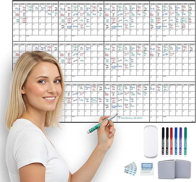 Yearly Large Dry Erase Calendar for Wall 24x36, for Year Family 12 Month, Undated Big Erasable Office, Rolled Whiteboard White Board, Classroom Annual Calendar Planner Dry Erase 36x24 Wall Reusable