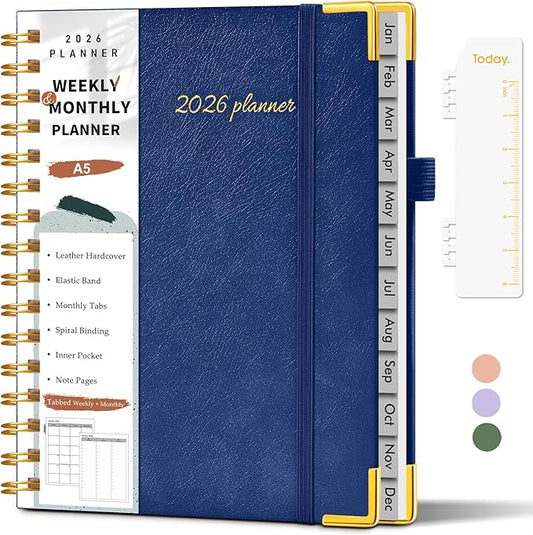 2026 Planner, Weekly and Monthly Calendar Planner from January 2026 - December 2026, 5.75" x 8.38" Hardcover Leather Hourly Appointment Book with Tabs, A5 Spiral Daily Planners for College School Work Home, Navy