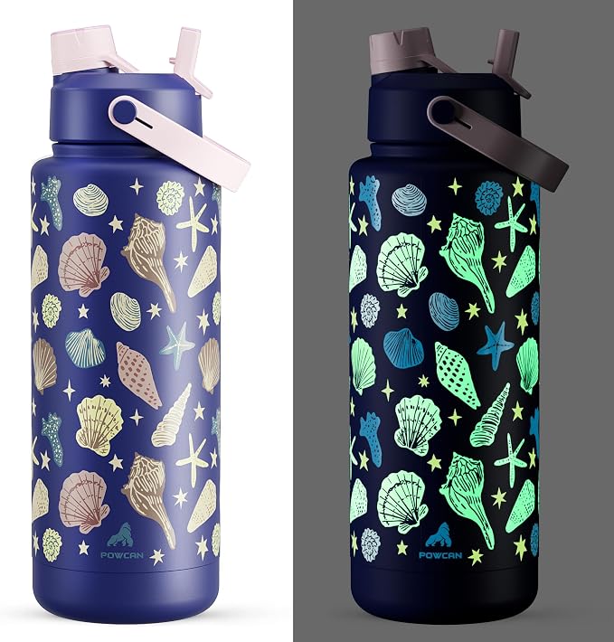POWCAN 40 oz Insulated Water Bottle with 2-in-1 Straw and Spout Lid, Glow-in-the-Dark, 24H Cold, Leakproof, BPA-Free, Double Wall Stainless Steel for Sports, Gym, Travel, and School (Seashell Coast)