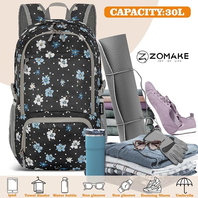 ZOMAKE Lightweight Packable Backpack 30L, Foldable Travel Hiking Daypack | Water Resistant Collapsible Backpacks, Folding Day Pack for Outdoor Camping Sport, Everyday Carry(Black,Floral pattern)
