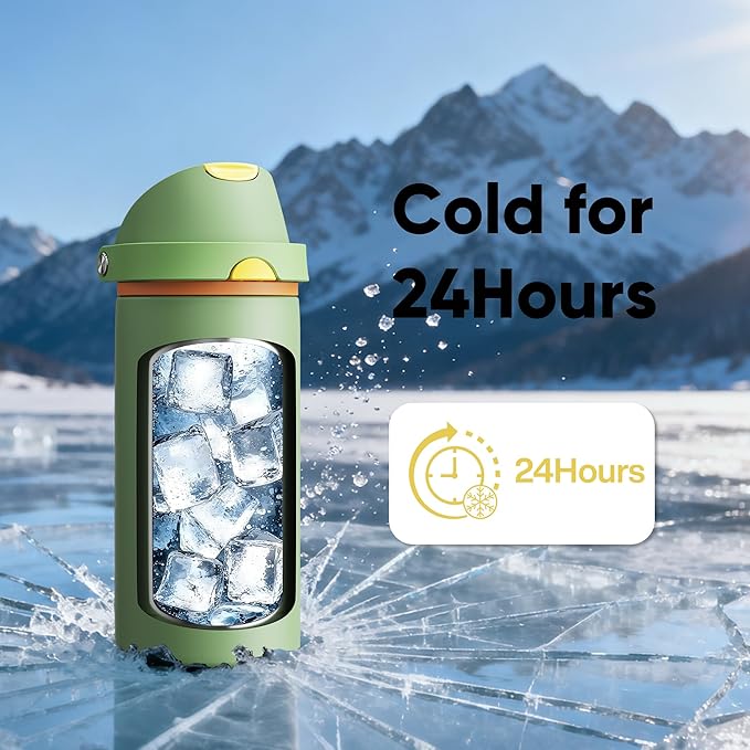 Insulated Water Bottle with Straw - Encool Stainless Steel Water Bottle with Push Button Lid, Leak-Proof & BPA-Free, Keeps Cold for 24 Hours for Sports, Travel, Gym (18 oz, Lichen-Yellow)