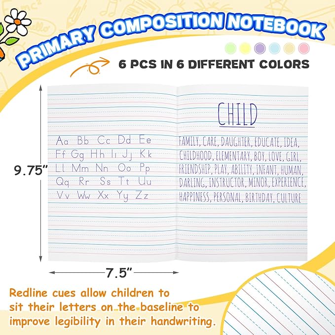 Henoyso 6 Pcs Primary Composition Notebook K-2, Wide Ruled 9.75" x 7.5" Journals, 60 Pages, Writing & Handwriting Practice for Kindergarten, 1st & 2nd Grade, Back to School Supplies (Bright Color)