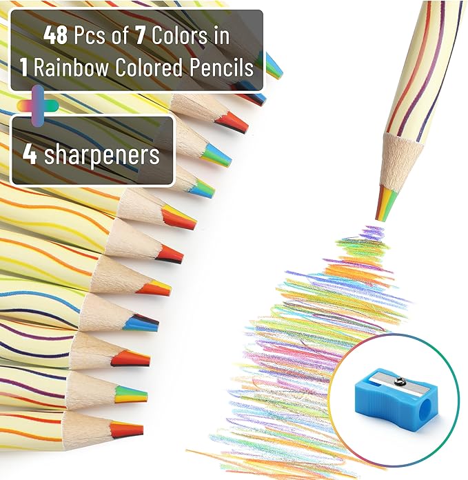 Mr. Pen- Rainbow Pencils Bulk, 48 Pack, 7-in-1 Multi-Color Rainbow Colored Pencils with 4 Sharpeners, Vibrant Drawing and Coloring Pencils for Kids, Party Favors, School, Art, Gift Supplies