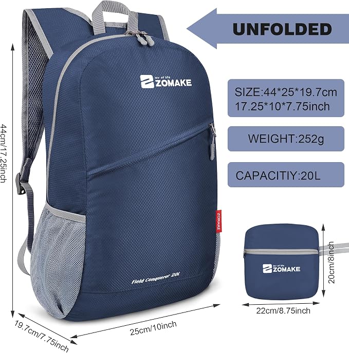 ZOMAKE Lightweight Packable Backpack 20L, Foldable Small Daypack for Hiking | Water Resistant Backpacks Day Bag for Travel Outdoor Camping Sport, Everyday Carry, Multi Compartment Storage(Royal Blue)