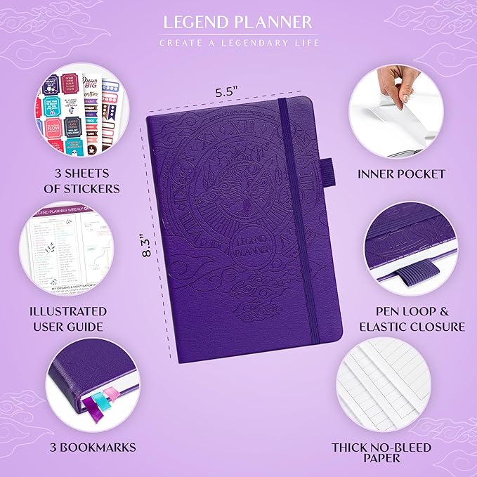Legend Planner – Undated Weekly & Monthly Life Planner to Hit Your Goals & Live Happier, Organizer Notebook & Productivity Journal, A5 (Purple)