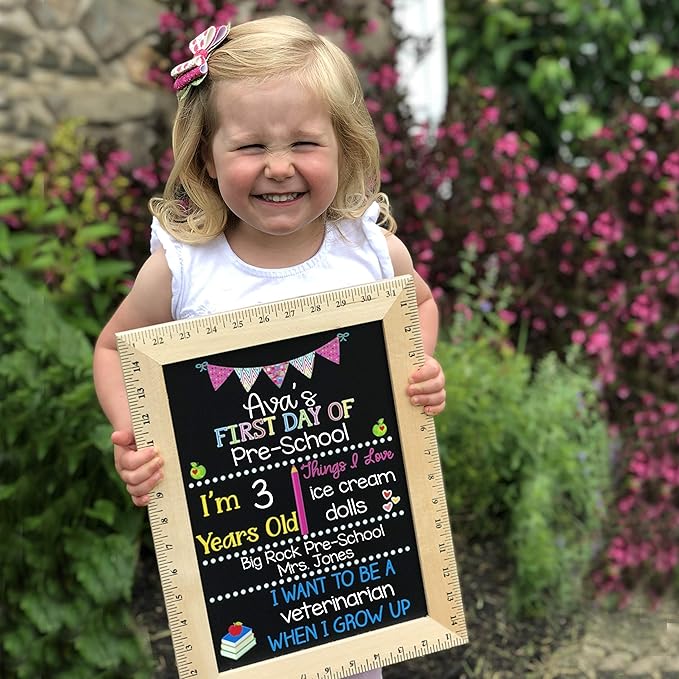 First Day of School Sign (11.5"x15"), Reusable Chalkboard Sign, Easy-to-Clean with Real Wooden Ruler Frame, Handmade in USA by Bloom Owl, Perfect for Back to School, First Day of Kindergarten Girl