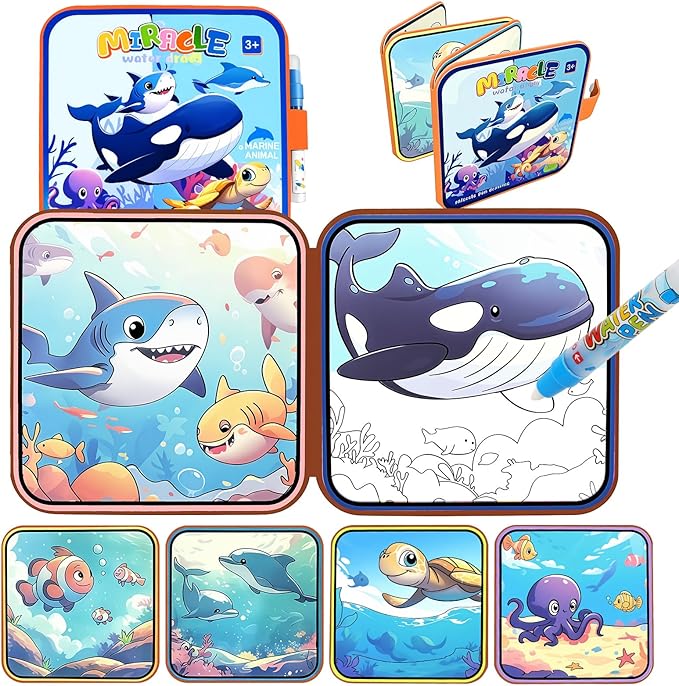 Ocean Water Coloring Book Toy for Toddler–Reusable Water Painting Book with Water Pen,Mess Free Coloring Magic Water Book for Kids,Preschool Educational Drawing Travel Toys for Boy/Girl Age 3+