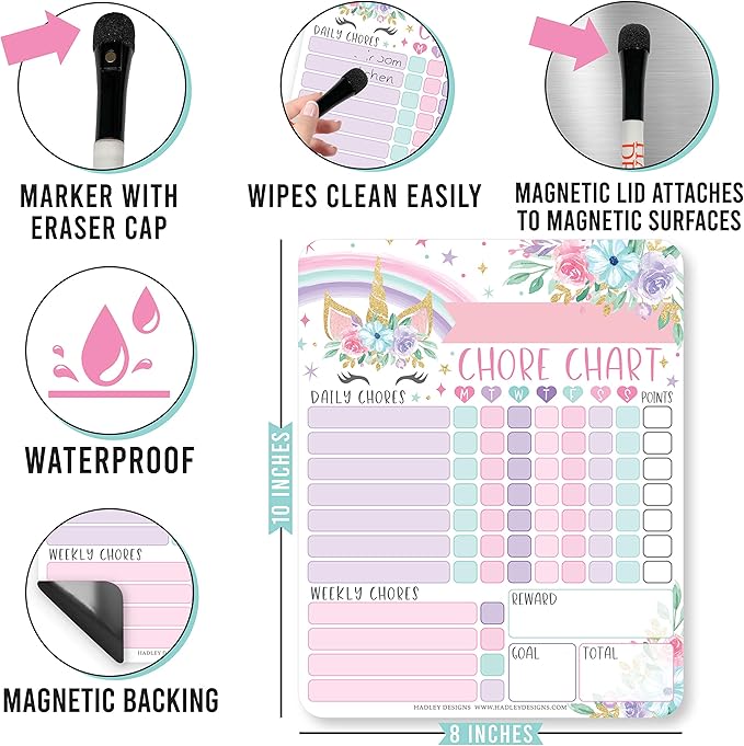 Hadley Designs Magnetic Chore Chart for Kids – Reward Chart for Kids, Dry Erase Responsibility Board for Children at Home, Fridge Behavior Tracker for Daily & Weekly Tasks, Unicorn Toddler Chore Board