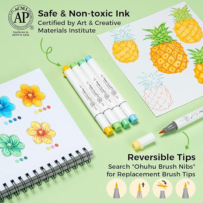 Ohuhu Alcohol Markers Brush Tip - AP Certificated Double Tipped Art Marker Set for Artist Adults Coloring Illustration- 72 Colors - Refillable - Brush & Chisel Dual Tips - Honolulu 2 of Ohuhu Markers