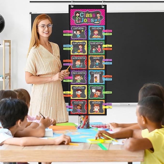 Pasimy Class Jobs Pocket Chart Class Helpers Pocket Chart Classroom Jobs Cards with Clips and Hooks Teacher Helper Bulletin Board Set for Back to School Classroom Teacher Supplies(Chalkboard Bright)
