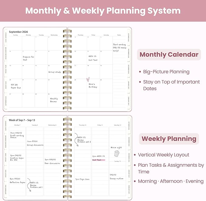 Academic Planner Aug 2026-July 2027, A5 Size, Student Planner with Monthly & Weekly Layout, Spiral Planner with Tabs, Class Schedule, Major Deadlines & Project Planning (Pink)
