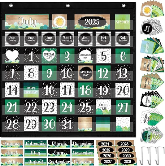 119 Pcs Classroom Calendar Pocket Chart Black Monthly Bulletin Board Set Seasons Festival Weather Farmhouse Calendar Set for Classroom Decoration Back to School Supplies(Scandi Mountains)