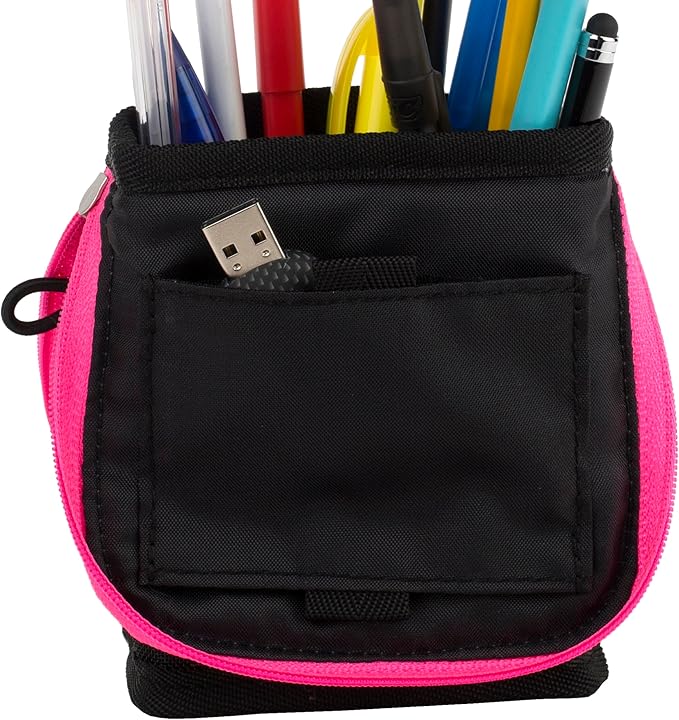 Five Star Pencil Pouch, Pen Case, Stand 'N Store Zipper Pouch, Fits 3-Ring Binder, Storage Organizer for Supplies Earbuds Chargers Cables Makeup, Navy/Pink (505160B-ECM)
