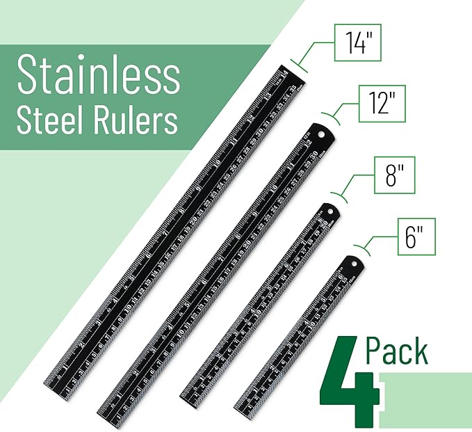 Mr. Pen- Metal Straight Edge Ruler, 4 pcs, 6", 8", 12", 14", Black, Stainless Steel Ruler Set, Imperial & Metric Measurements for Drawing, Home, Office, Engineering