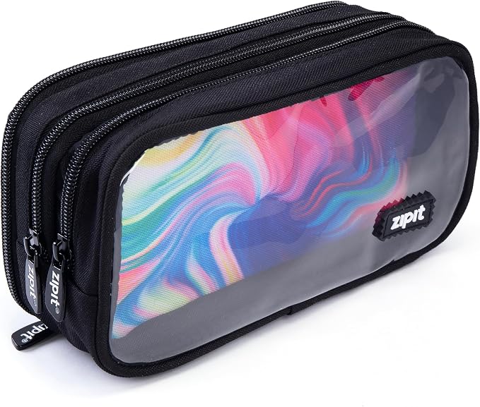 ZIPIT Half & Half Pencil Case, 3-Compartment Aesthetic Zipper Pouch, Black | Clear-front pencil case for school, dedicated organizer panels, holds up to 70 pens & pencils, durable easy-care polyester