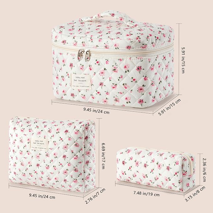 HBselect Quilted Makeup Bag, 3Pcs Cotton Large Travel Makeup Bags Organizer | Cute Floral Make up Bag Cosmetic Bag Toiletry Bag for Women Girls, Makeup Pouch for Skincare, Brushes & Travel Essentials