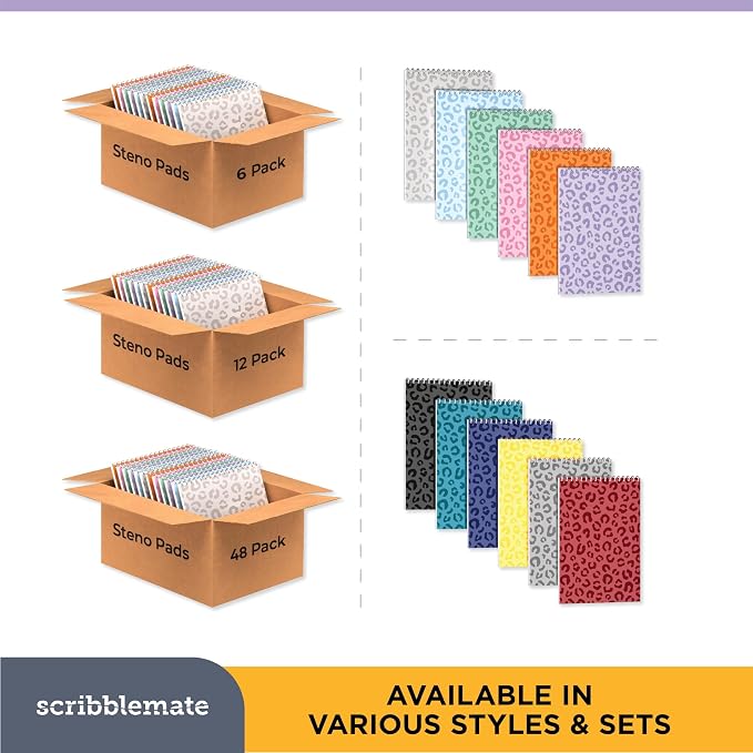 Steno Pads Spiral 6x9 Assorted Colors Notebooks for Work, 80 Sheets Top Spiral Notepad Stenographer Steno Books (12 Pack, Bold Colors)
