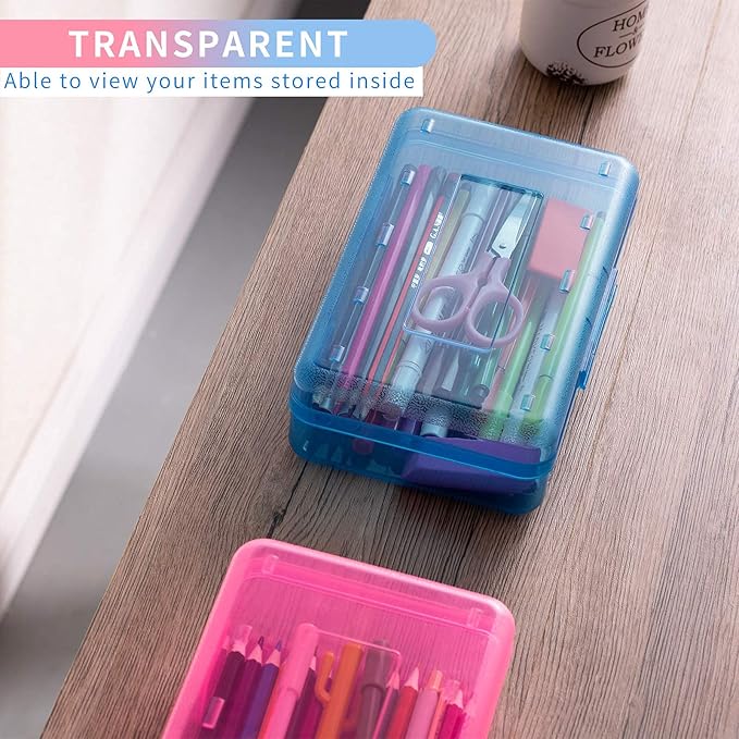 Sooez Plastic Pencil Case Box 6 Pack, Colored Large Craft Storage Bulk, Plastic Containers with Snap-tight Lids, Hobby Art School Supply Organizer, Marker Bead Pen Bins Organizer,Stackable, Clear