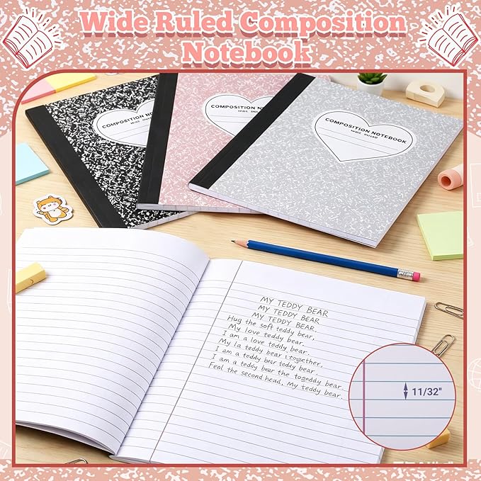 FOGWOWO 6 Pack Marble Composition Notebook Wide Ruled,Pastel Boho Composition Notebooks Bulk,Assorted Colors Back to School Marble Notebooks 80 Pages (40 Sheets) 9.75x7.5 Inches