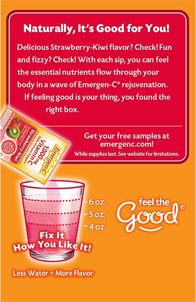 Emergen-C 1000mg Vitamin C Immune Support Powder Strawberry Kiwi 30CT Includes Zinc, Manganese, 7 B Vitamins and Electrolytes for Back to School Essentials (Pack of 12)
