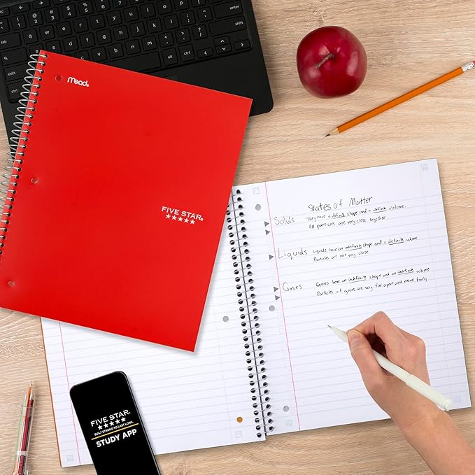 Five Star Spiral Notebook + Study App, 5 Subject, Wide Ruled Paper, 8" x 10-1/2", 200 Sheets, Fights Ink Bleed, Water Resistant Cover, Fire Red (72041)