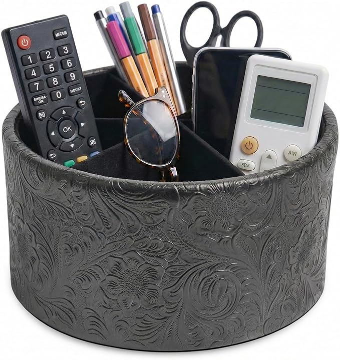 Remote Control Holder, 360°Spinning PU Leather Desk TV Remote Caddy,Desk Storage Box Room Accessories for Controller, Media,Mail,Calculator, Mobile Phone,Pencil(1-Carved Black)