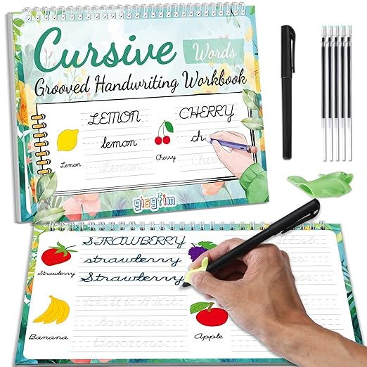 gisgfim Grooved Cursive Handwriting Workbook Magic Reusable Grooved Cursive Handwriting Practice Guided Tracing with Disappearing Ink Pens for Beginners Kids Learning Activities Supplies (Words)